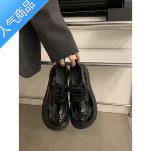 SUNTEK显腿长~圆头厚底单鞋女黑色学院风小皮鞋增高英伦乐福鞋高跟鞋子