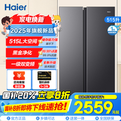 海尔(Haier)515升对开门超薄嵌入冰箱 大冷冻空间格局 黑金净化 一级双变频 BCD-515WLHSSEDS9