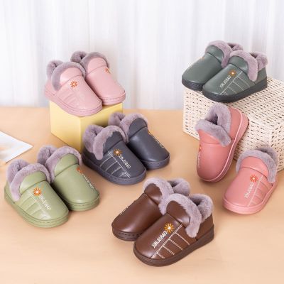 儿童棉拖鞋冬季包跟PU防水1-7岁男女童软底防滑宝宝居家保暖棉鞋娜蜜雨(NAMIYU)
