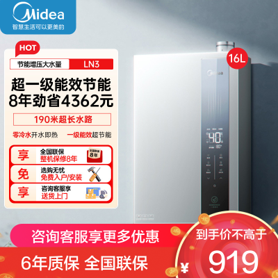 美的[16LN3S]16升燃气热水器天然气[零冷水超一级能效]双增压恒温瀑布浴[右排烟管]