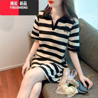 YIBUSHENGpolo领条纹连衣裙子女装2023新款气质减龄设计感宽松显瘦t恤裙