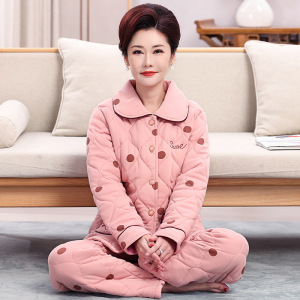 夹棉棉中老年中年外穿季加厚三层保暖妈妈宽松套装家居服睡衣女冬