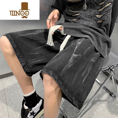 YANXU扎染牛仔短裤男士夏季薄款大码直筒宽松中裤美式潮牌五分裤子男款