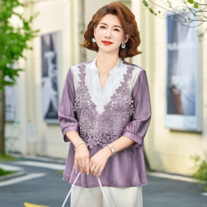2026年女士休闲拼接款妈妈装上衣时尚简约中老年女装夏季中袖款女