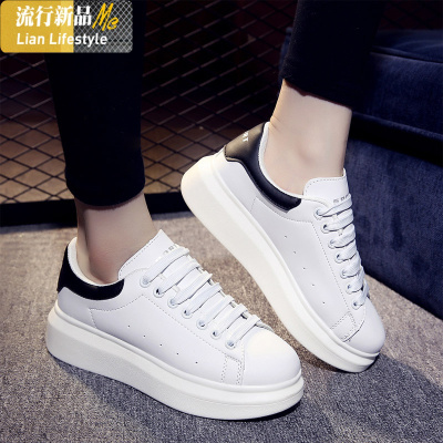 暖青汇2021新款韩版小白鞋厚底运动休闲春季系带平底白色女鞋增高学生鞋休闲鞋