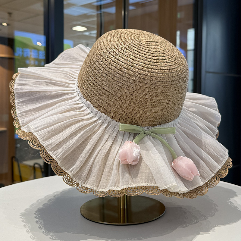 法式郁金香蕾丝边草帽女夏季度假风海边遮阳防晒帽大帽檐太阳帽子