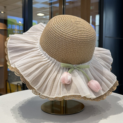 法式郁金香蕾丝边草帽女夏季度假风海边遮阳防晒帽大帽檐太阳帽子