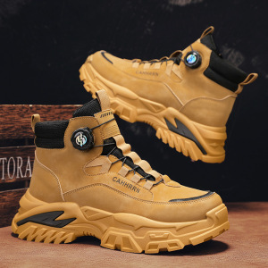 秋冬高帮皮面马丁靴厚底增高旋转纽扣免系带工装户外运动靴男靴