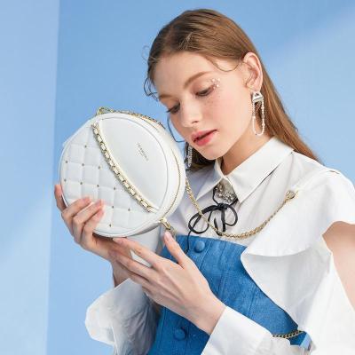 马克华菲牛皮小圆包钉珠小香风菱格链条包女式斜挎包单肩包