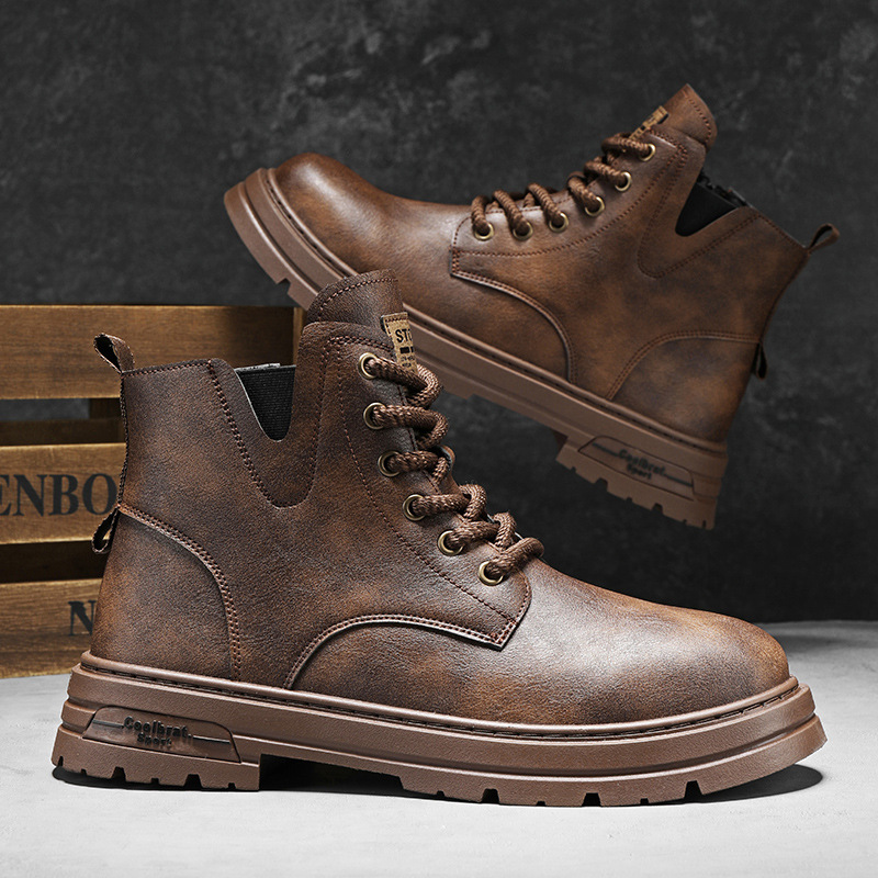 马丁靴秋季英伦风中帮皮面复古男鞋新款青年潮搭厚底马丁靴