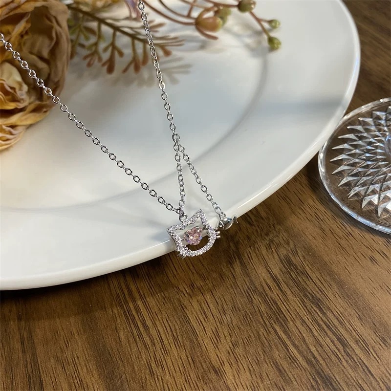 S999纯银粉色小猫咪项链女生新款轻奢小众高级感设计锁骨链送闺蜜送女朋友老婆情人节七夕生日礼物