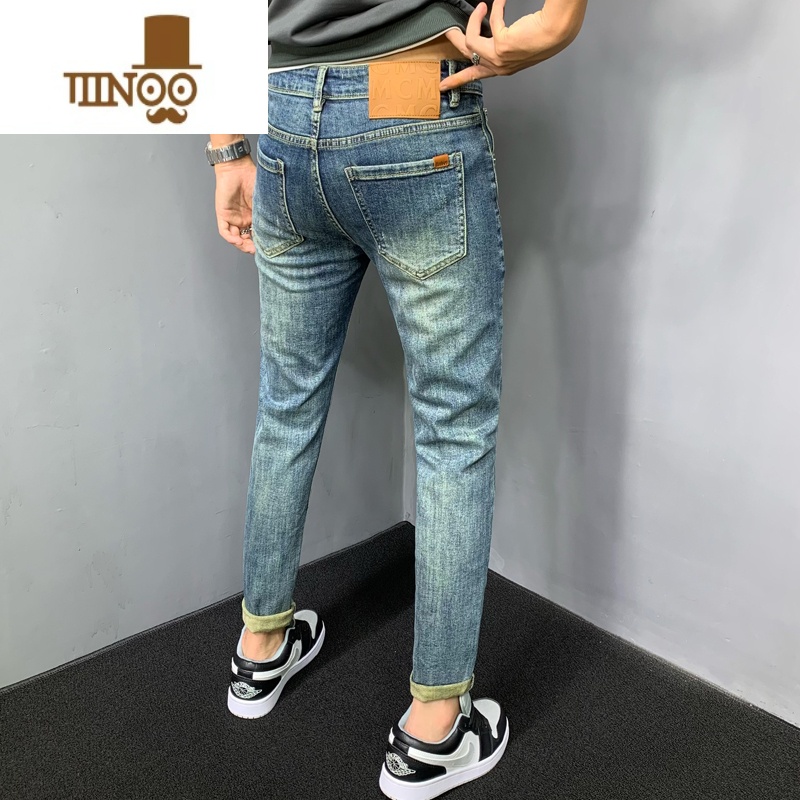 YANXU秋天牛仔裤男款小脚美式复古蓝做旧修身痞帅百搭休闲水洗修身长裤