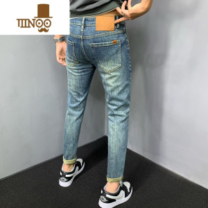 YANXU秋天牛仔裤男款小脚美式复古蓝做旧修身痞帅百搭休闲水洗修身长裤