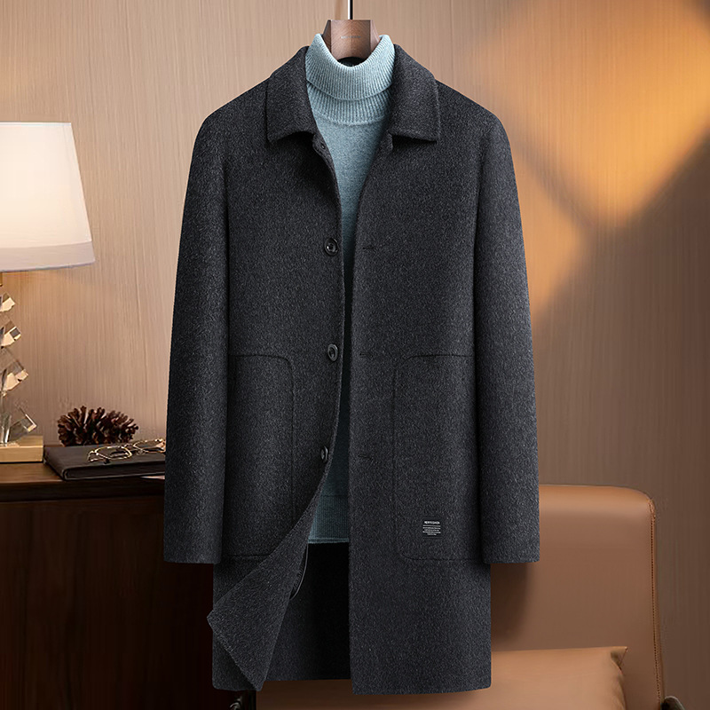 纯羊毛双面呢长款大衣男士落肩袖潮流时尚休闲宽松羊毛妮子外套男