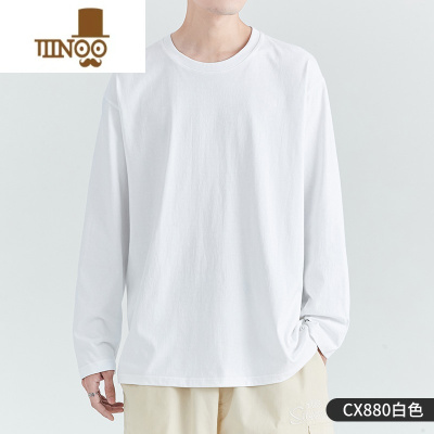 YANXU内搭长袖圆领T恤男士新款上衣潮牌休闲体恤白色打底衫