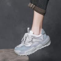 头层牛皮厚底拼色老爹鞋女2025春季新款网面透气舒适运动休闲单鞋