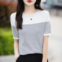 夏季新款曲珠冰丝短袖女圆领针织衫细条纹撞色T恤薄款