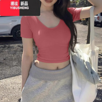 YIBUSHENG美式正肩V领短袖t恤女季2024新款紧身茶艺短款纯欲辣妹低领上衣
