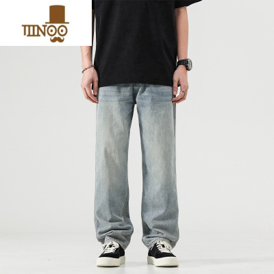 YANXU复古牛仔裤男士2023潮牌美式高街大码宽松直筒阔腿长裤