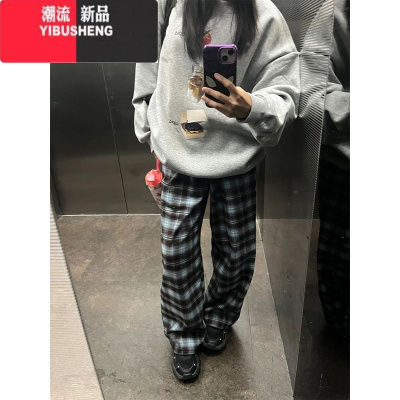 YIBUSHENG美式复古高腰格子休闲裤女季宽松加绒加厚慵懒直筒阔腿运动裤