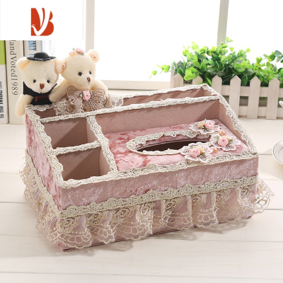 三维工匠布艺纸巾盒客厅轻奢多创意遥控器收纳盒家用茶几桌面抽纸盒子 恩爱熊2合1(大号)粉色