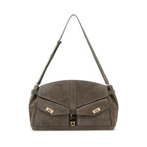 Salvatore Ferragamo女款牛皮拼 suede 手提斜挎包金色五金百搭通勤手袋