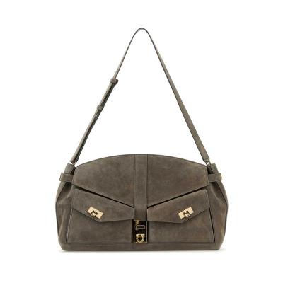Salvatore Ferragamo女款牛皮拼 suede 手提斜挎包金色五金百搭通勤手袋
