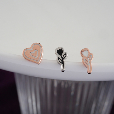 雕刻爱心韩国直送抽象玫瑰花个性别致耳骨钉耳蜗钛钢粗杆单只送女朋友老婆情人节七夕生日礼物