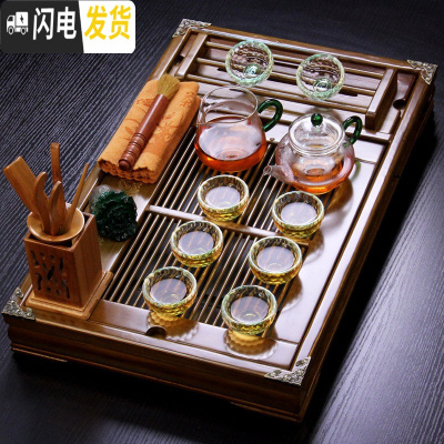 三维工匠耐热加厚泡红茶玻璃茶具套装功夫茶家用客厅办公室简约透明泡茶器 福在眼前54长盘1壶1海8绿水晶杯+配件