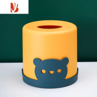 三维工匠圆形卷纸纸巾筒卡通萌猫抽纸纸巾盒桌面纸巾收纳家用客厅餐厅通用 明黄色