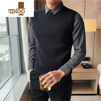 YANXU男士假毛衣新款男装长袖上衣2022秋装衬衫领针织衫外套