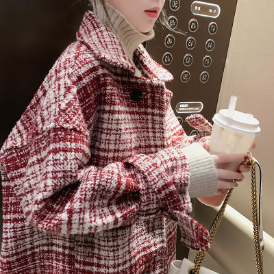 FISHBASKET千鸟格大衣女小个子2020新款加厚百搭森系中长款粗花毛呢外套毛呢外套