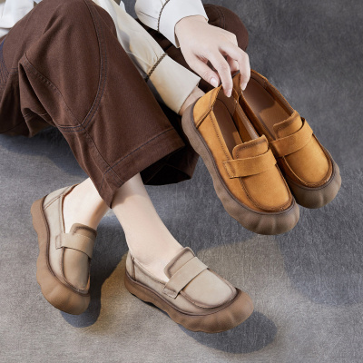 春秋新款复古休闲百搭头层牛皮真皮软底手工单鞋一脚蹬乐福鞋