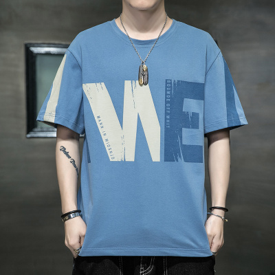 班俏BANQIAO2021年夏季新款男士T恤短袖T恤男潮牌短袖潮流圆领打底衫运动休闲短袖宽松五分袖T恤男装