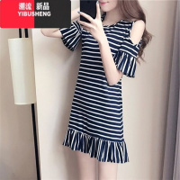 YIBUSHENG新款A字2024学生宽松连衣裙季鱼尾荷叶边韩版条纹短袖裙女显瘦