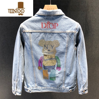 YANXU高品质秋季新款贴钻牛仔外套男士长袖修身韩版潮牌牛仔夹克休闲装