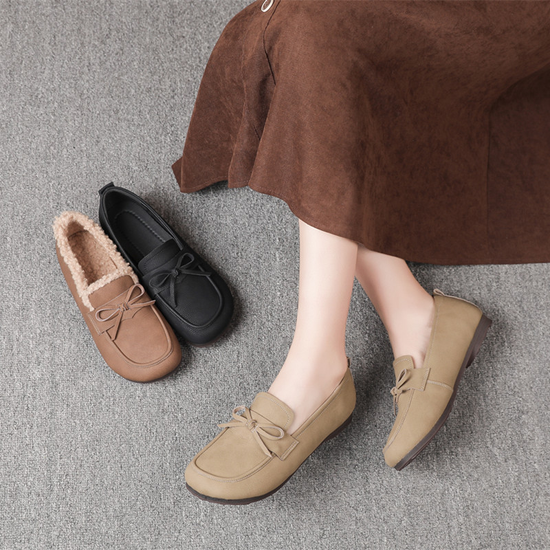 真皮牛筋底棉鞋女25秋冬季豆豆鞋女加绒保暖休闲平底45大码乐福鞋
