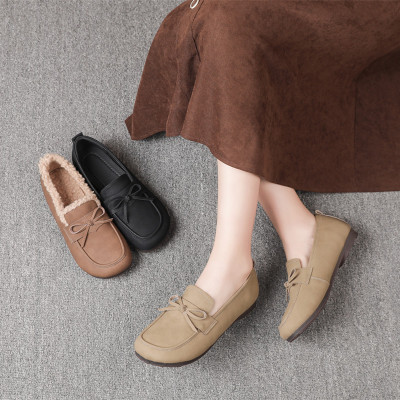 真皮牛筋底棉鞋女25秋冬季豆豆鞋女加绒保暖休闲平底45大码乐福鞋