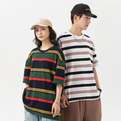 复古日系港风情侣条纹短袖T恤夏季圆领休闲体恤男装撞色潮牌百搭t