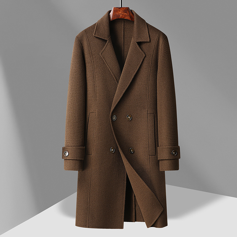 青年长款落肩袖宽松羊毛大衣男士手工缝制秋冬双面呢大衣羊毛外套