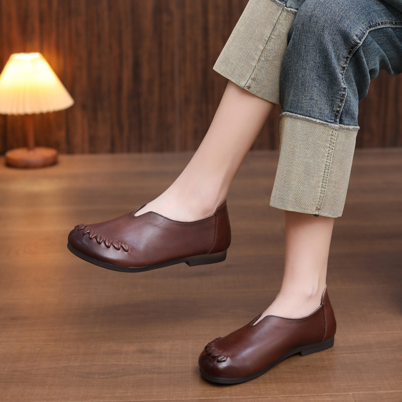 头层牛皮单鞋女2026春季新款复古软底透气圆头百搭编织休闲豆豆鞋