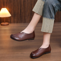 头层牛皮单鞋女2026春季新款复古软底透气圆头百搭编织休闲豆豆鞋