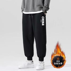 休闲卫裤男秋冬季新款韩版大码束脚加厚潮流印花加绒裤子