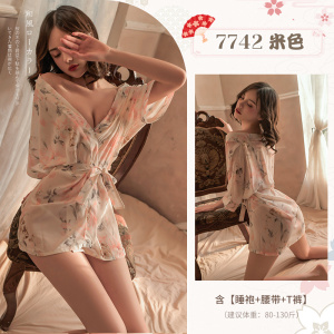 霏慕(Fee et moi)女式情趣睡衣7742 情趣内衣性感透视制服套装 性感内衣用品女雪纺透明清新雪纺印花睡袍浴袍