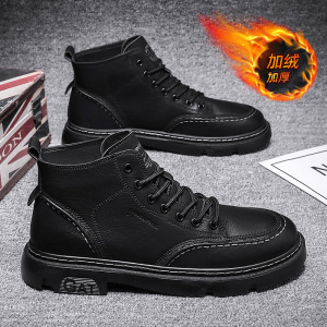 年冬季男靴棉靴加绒加厚纯色系带高帮面包鞋厚底轻便保暖男鞋