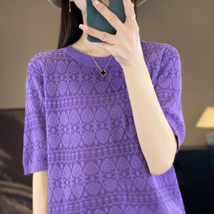 春夏薄款镂空中袖针织衫女新款五分袖圆领宽松外穿半袖提花打底衫