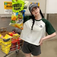 [1.5折价35元]唐狮夏季新款短袖T恤女针织左胸刺绣插肩小众别致短款上衣sz
