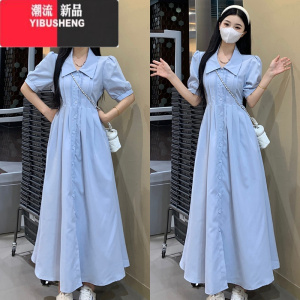 YIBUSHENG大码法式短袖连衣裙女季收腰显瘦娃娃领长裙胖MM高级感衬衫裙子