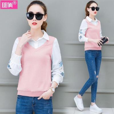 班俏BANQIAO假两件衬衫女装长袖2021新款春秋季韩版绣花上衣服时尚洋气质衬衣