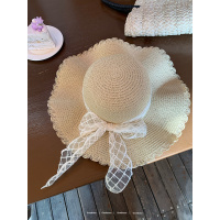 夏季防晒遮阳帽草帽女海边蕾丝蝴蝶结太阳帽大帽檐显脸小草编帽子